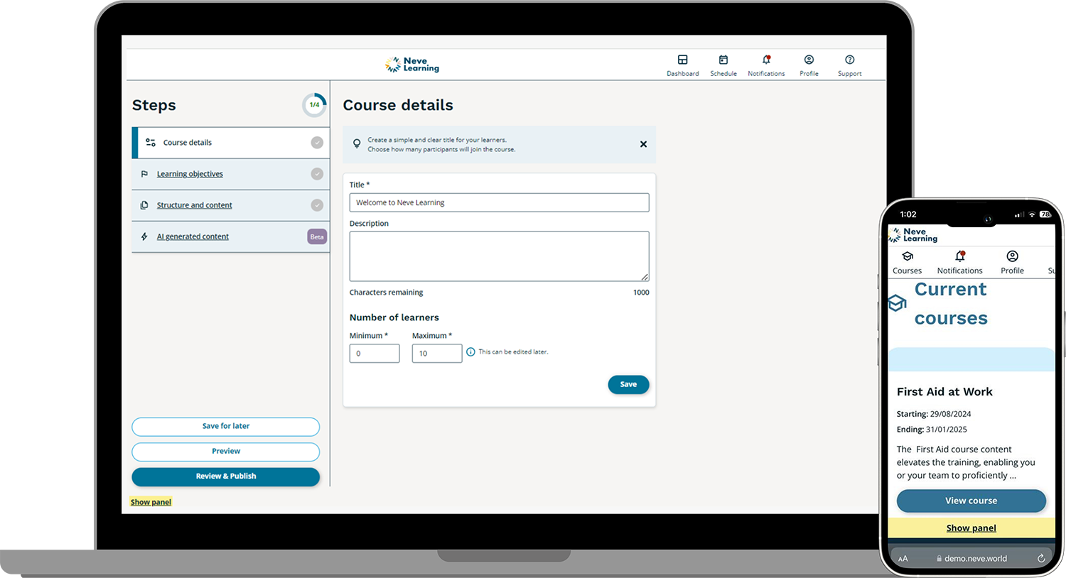 Neve Learning dashboard
